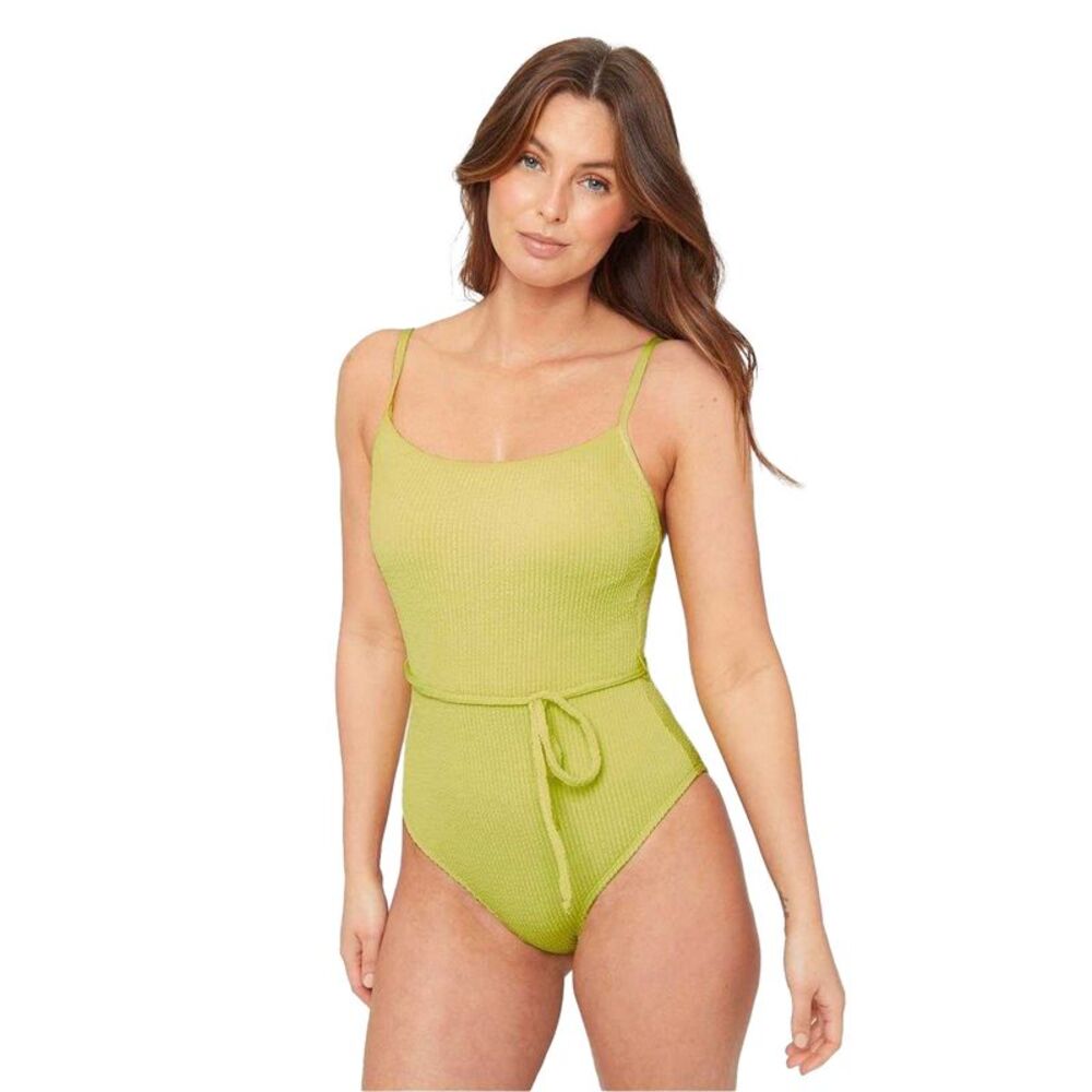 Be You Womens/Ladies Textured Belted One Piece Bathing Suit / Lime